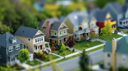 Aerial view of colorful suburban houses with lush green lawns and trees, capturing a peaceful and vibrant neighborhood atmosphere.