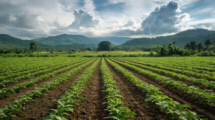 Cassava cultivation in Asia, with its evenly spaced green rows of plants, presents a beautiful and organized agricultural landscape.