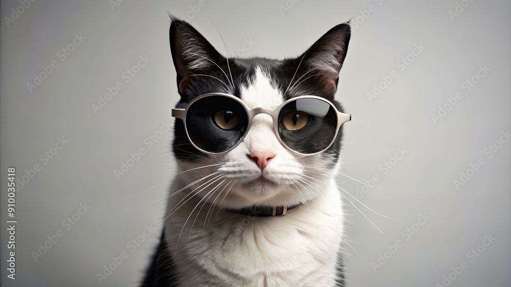 Sticker Chic black and white feline posing with sunglasses, cat, trendy, stylish, cool, fashionable, pet, animal, domestic