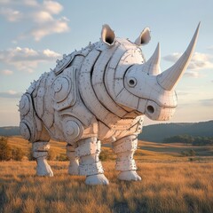 Fototapeta premium Northern White Rhino with digital armor, post-apocalyptic savannah, muted colors, 3D rendering, rugged and detailed, minimalism