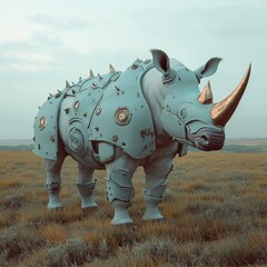 Fototapeta premium Northern White Rhino with digital armor, post-apocalyptic savannah, muted colors, 3D rendering, rugged and detailed, minimalism