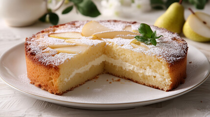 Delicious Italian sponge cake with pear and yogurt is a perfect dessert that combines the fluffiness of sponge cake, the juiciness of pears and the creamy consistency of yogurt.