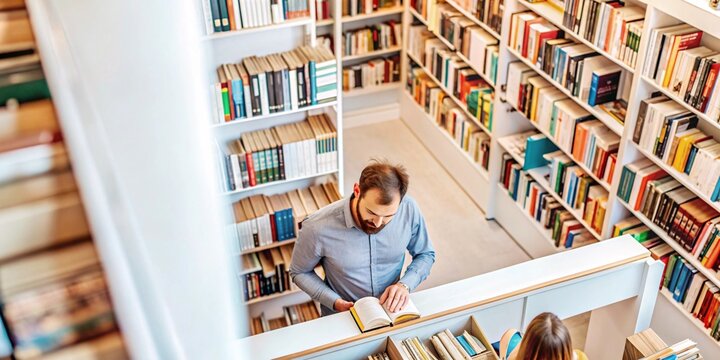A person stands in a library aisle, surrounded by towering bookshelves filled with colorful books. They are engrossed in reading an open book, showcasing the quiet.