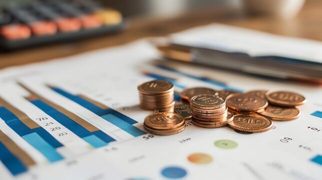 Close-up of financial charts and graphs with stacked coins on top, representing investment, savings, and economic analysis.