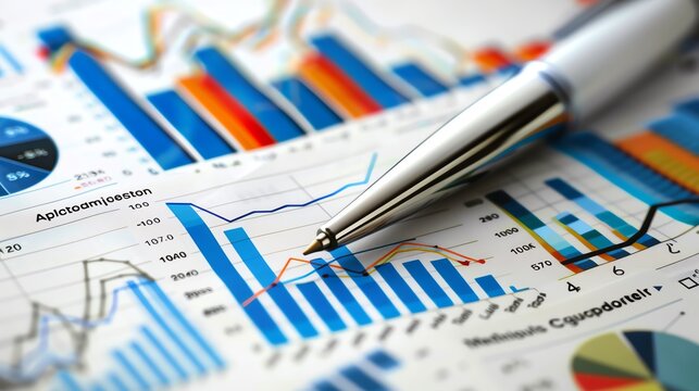 Close-up of financial charts, graphs, and pen representing business analysis and performance data review.