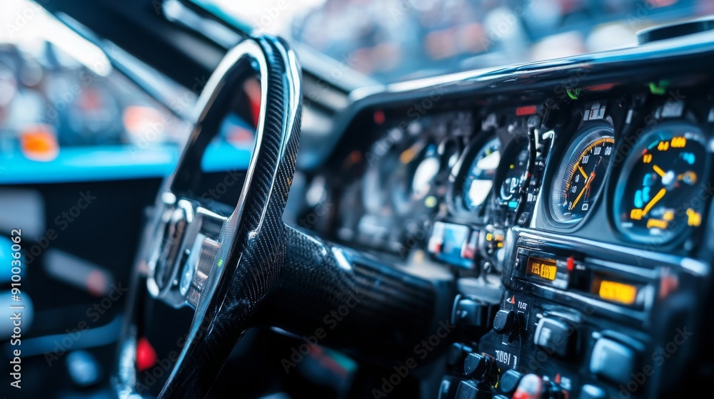 Aufkleber a detailed view of a racing car dashboard featuring various gauges and controls showcased at an auto