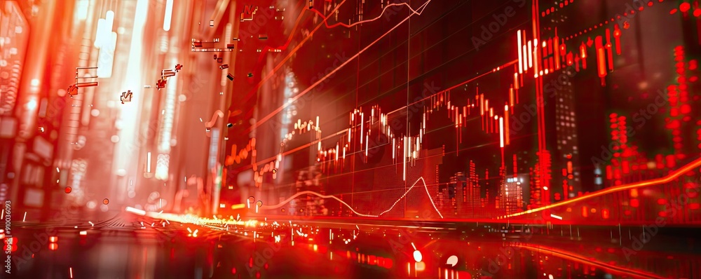 Poster a dynamic representation of financial data with dramatic red tones, highlighting trends and fluctuat