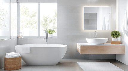 Explore a contemporary bathroom design featuring stylish fixtures and ample copy space, ideal for showcasing your brand or project. Perfect for interior design inspiration.