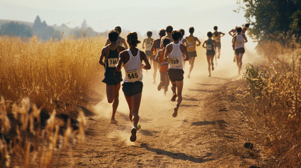 A group of runners, each with a number bib, race along a dusty trail surrounded by golden fields under the warm sun, showcasing determination and energy.