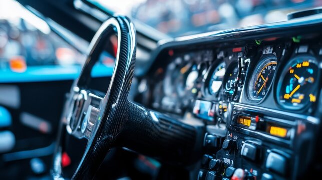 A detailed view of a racing car dashboard featuring various gauges and controls showcased at an auto show.