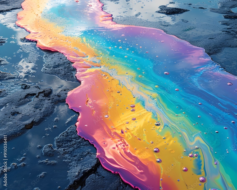 Poster iridescent oil droplets creating a mesmerizing rainbow pattern on water surface