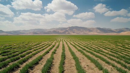 A view of a wide field of green onions in the desert landscape of the Middle East. The intense green of the plants contrasts with the vast, arid terrain.