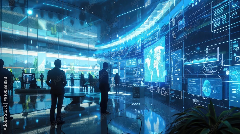 Poster futuristic office with digital screens displaying data, people engaged in technology discussions and
