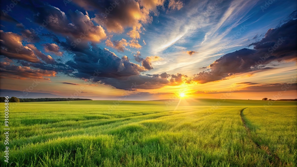 Poster Vast grassy field at sunset , nature, landscape, scenic, outdoors, tranquil, serene, dusk, evening, sunlight, horizon