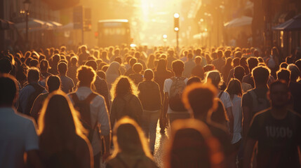 People on the move, a crowd of people walking down the street, rushing about their business at the end of the day.