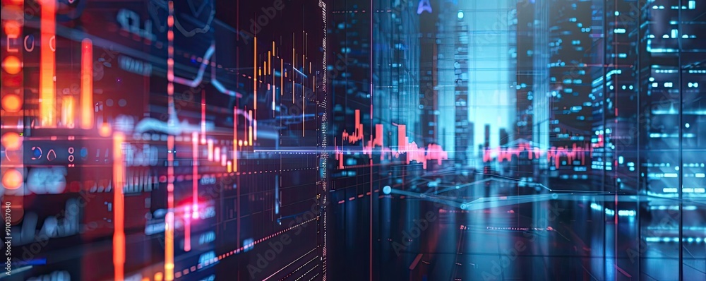 Poster Futuristic data visualization with glowing graphs and sleek cityscape background, perfect for technology and finance themes.