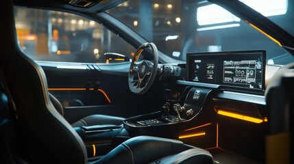 A sleek car interior features cutting-edge technology and ambient lighting, showcasing a modern dashboard and comfortable seating.