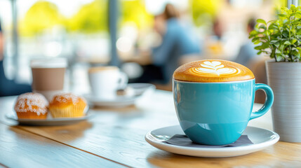 Cozy coffee shop scene featuring patrons savoring their beverages, creating a warm and inviting atmosphere perfect for relaxation or socializing.