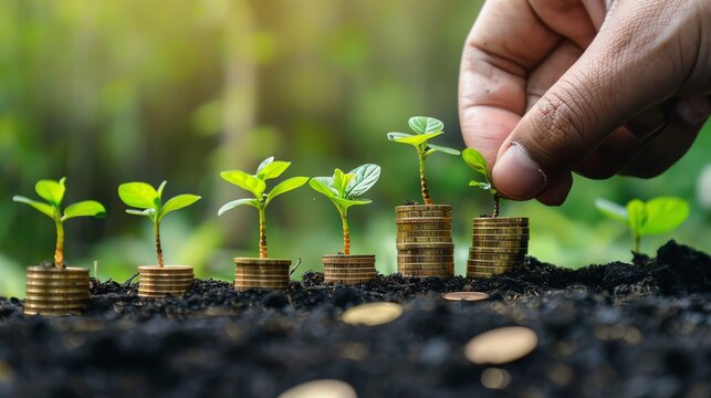 Growth and investment concept with plants sprouting from stacked coins, symbolizing financial growth and environmental sustainability.