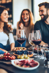 Close friends laughing and drinking wine together happily.