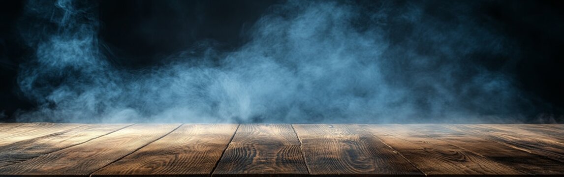 Mysterious Wooden Table with Swirling Mist