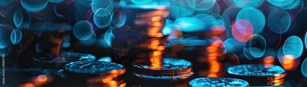 Poster Close-up of shimmering coins surrounded by beautiful bokeh lights, creating a stunning and vibrant financial background.