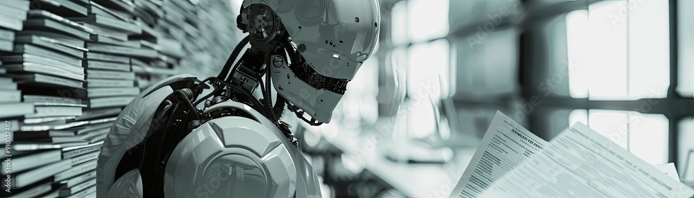 Poster A futuristic robot reads papers in a modern library, showcasing the blend of technology and information.