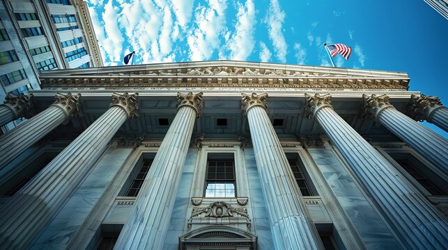 Low-angle shot of a historic government building with pillars and flags, set against a blue sky with clouds in the background. - Powered by Adobe