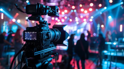 Professional video camera capturing a live event in a vibrant, colorful setting with an audience in the background.