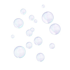 Set of green bubbles. 3D Soap bubble floating on transparent background. Soap transparent balloon. 3D Rendering. Render of transparent water drops liquid object, soap water bubble with reflection. PNG