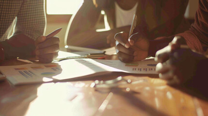 Obraz premium Close-up of hands working together on business documents, with pens and charts lit by warm sunlight.