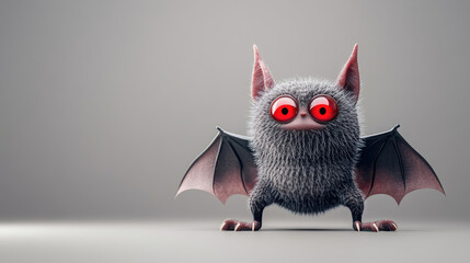 Discover a playful 3D cartoon vampire bat featuring striking red eyes, perfect for Halloween themes, kids' illustrations, or fun graphic designs.