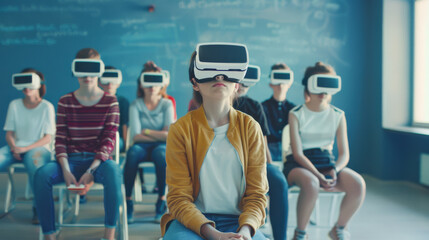 Group of students immersed in a virtual reality experience, fully engaged with VR headsets in a classroom setting.