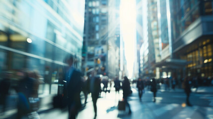 Obraz premium A bustling city street bathed in bright midday sun, with blurred figures moving swiftly among towering skyscrapers.