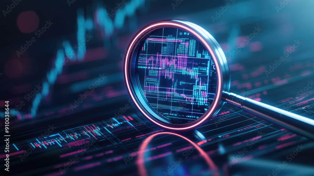 Poster explore a high-tech scene featuring a neon-lit magnifying glass scrutinizing futuristic financial gr