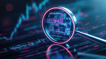 Explore a high-tech scene featuring a neon-lit magnifying glass scrutinizing futuristic financial graphs and data streams in a cyberpunk setting.