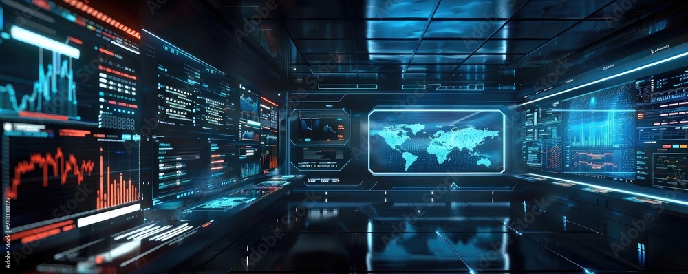 Poster futuristic control room with data screens, graphs, and a world map, showcasing advanced technology a