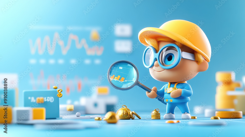 Poster discover a game-themed image featuring a character examining interactive charts and graphs to find h