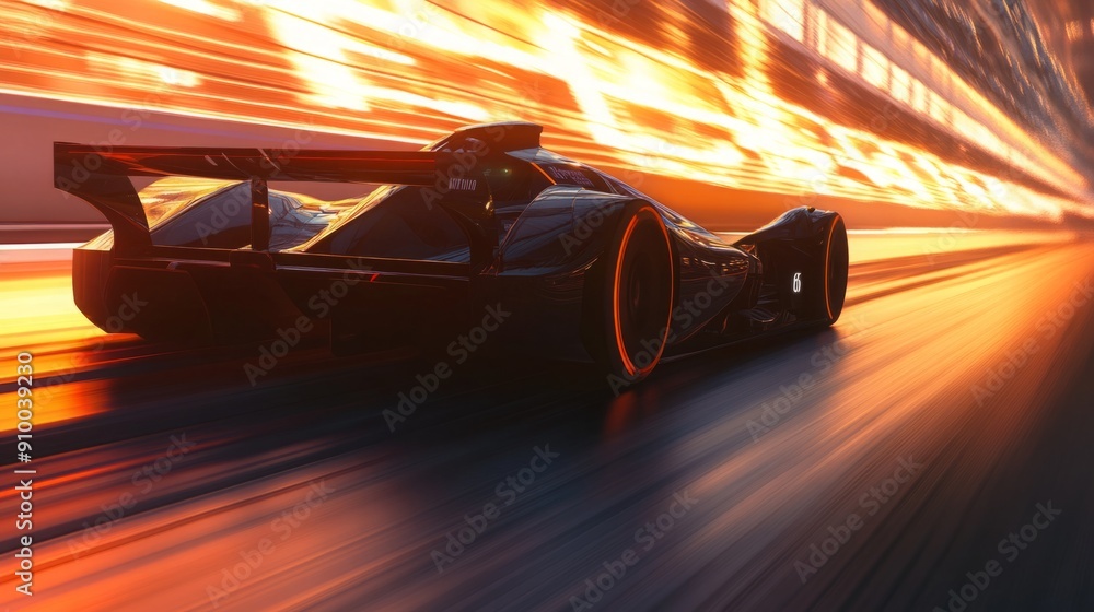 Poster a sleek racing car speeds down a vibrant track illuminated by neon lights during twilight. the motio