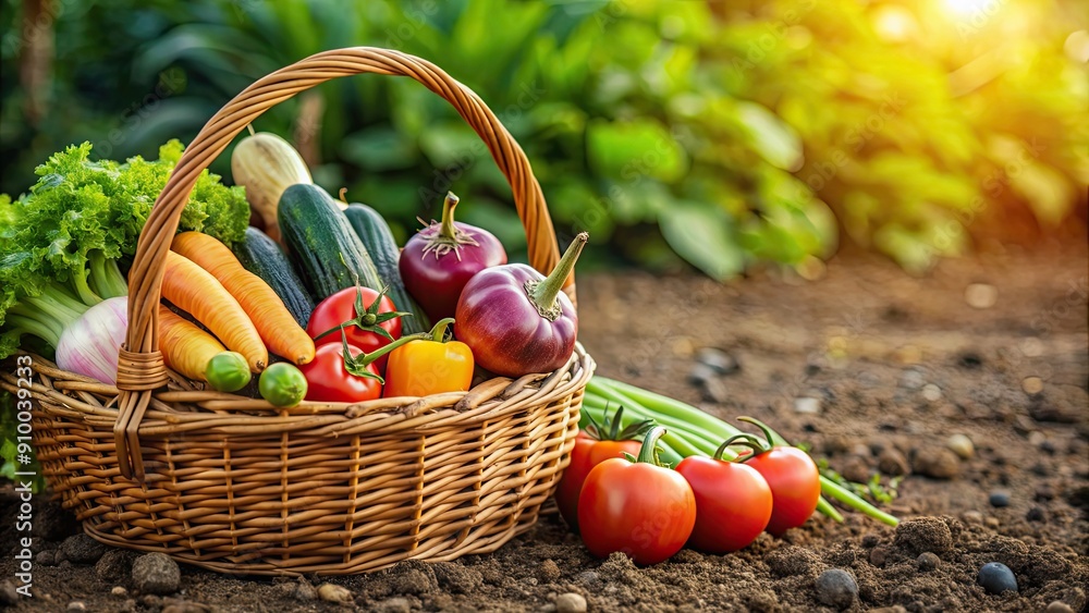 Poster basket of fresh vegetables on soil background, organic, farm, harvest, healthy, natural, produce, ga