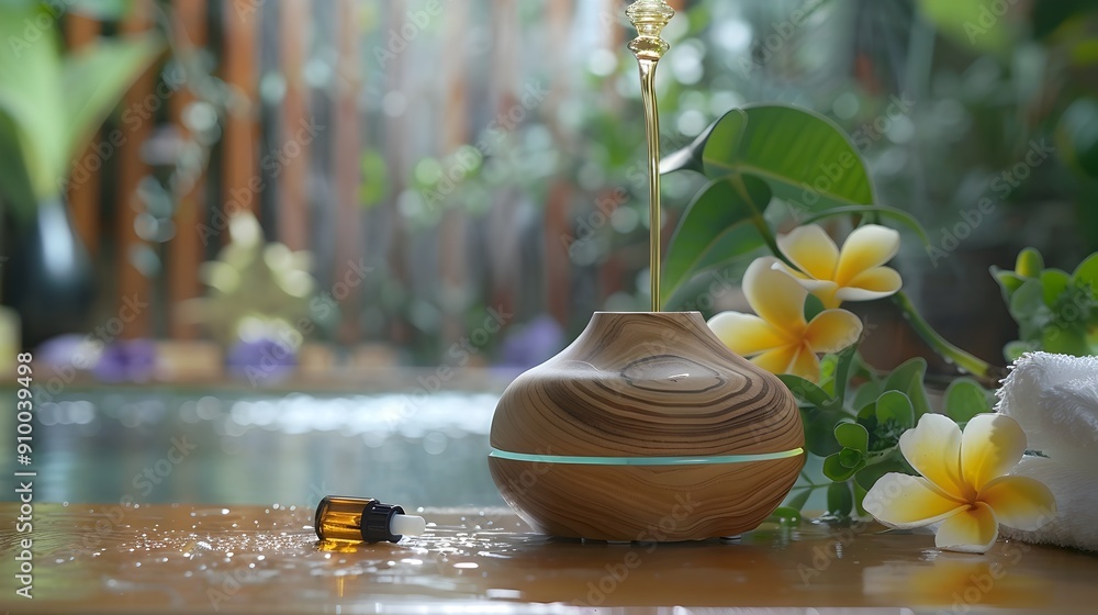 Poster pouring essential oil into diffuser in serene spa setting with nature backdrop