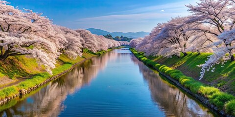 Fototapeta premium Beautiful landscape of rivers in Japan with cherry blossoms along the banks, Japan, river, cherry blossoms, landscape, nature