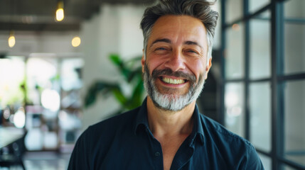 Fototapeta premium A joyful man beams with a wide smile, standing confidently in a modern open office space adorned with greenery.