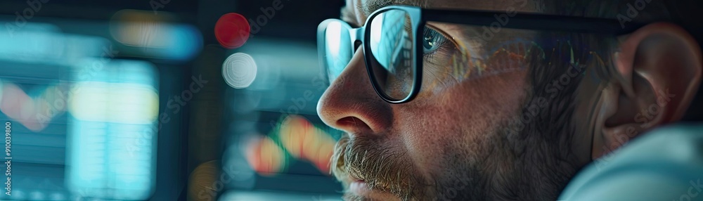 Poster focused professional analyzing data on screen, wearing glasses, with a thoughtful expression in a hi