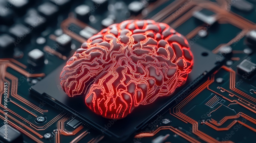 Poster futuristic brain design on circuit board representing artificial intelligence and technology integra