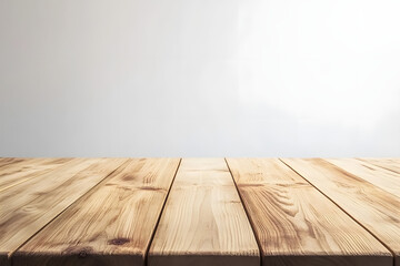 Empty Light Wooden Table Top with White Wall Background