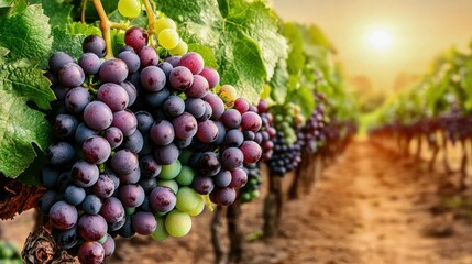 Fototapeta premium Lush vineyard showcasing ripe purple grapes under a warm sun, capturing the essence of agriculture and nature's beauty.