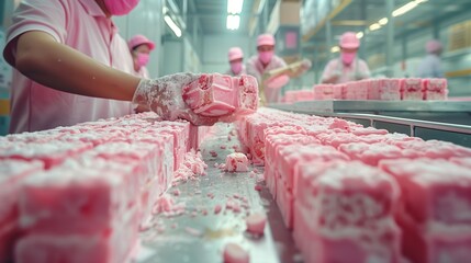 Workers Preparing and Packaging Soft Pink Confectionery in a Factory During Daylight Hours