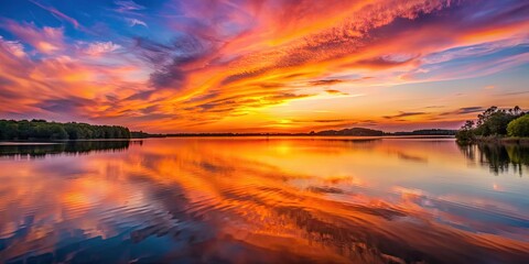 Beautiful sunset over calm lake, with vibrant orange and pink colors reflecting on water, sunset, lake, calm, vibrant, orange
