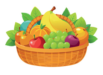Wicker basket overflowing with fresh fruit on white background